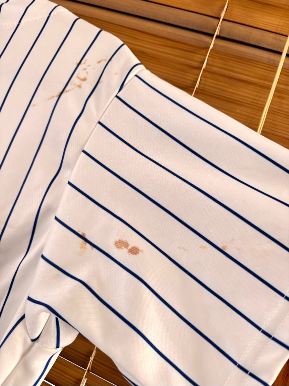 Majestic White Pinstripe Baseball Jersey with Blue and Red Logo - Picture 7 of 8